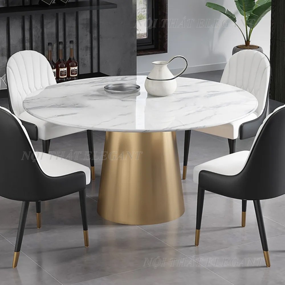 Bộ bàn ăn hình tròn 6 ghế cao cấp, mặt đá Ceramic chống trầy xước, khung kim loại, ghế bọc da PU – EL-BA12