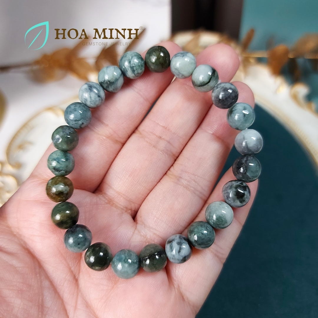 Vòng chuỗi tay đá Cẩm Thạch tự nhiên lên bông trơn size hạt 8 li rất đẹp không kén mệnh