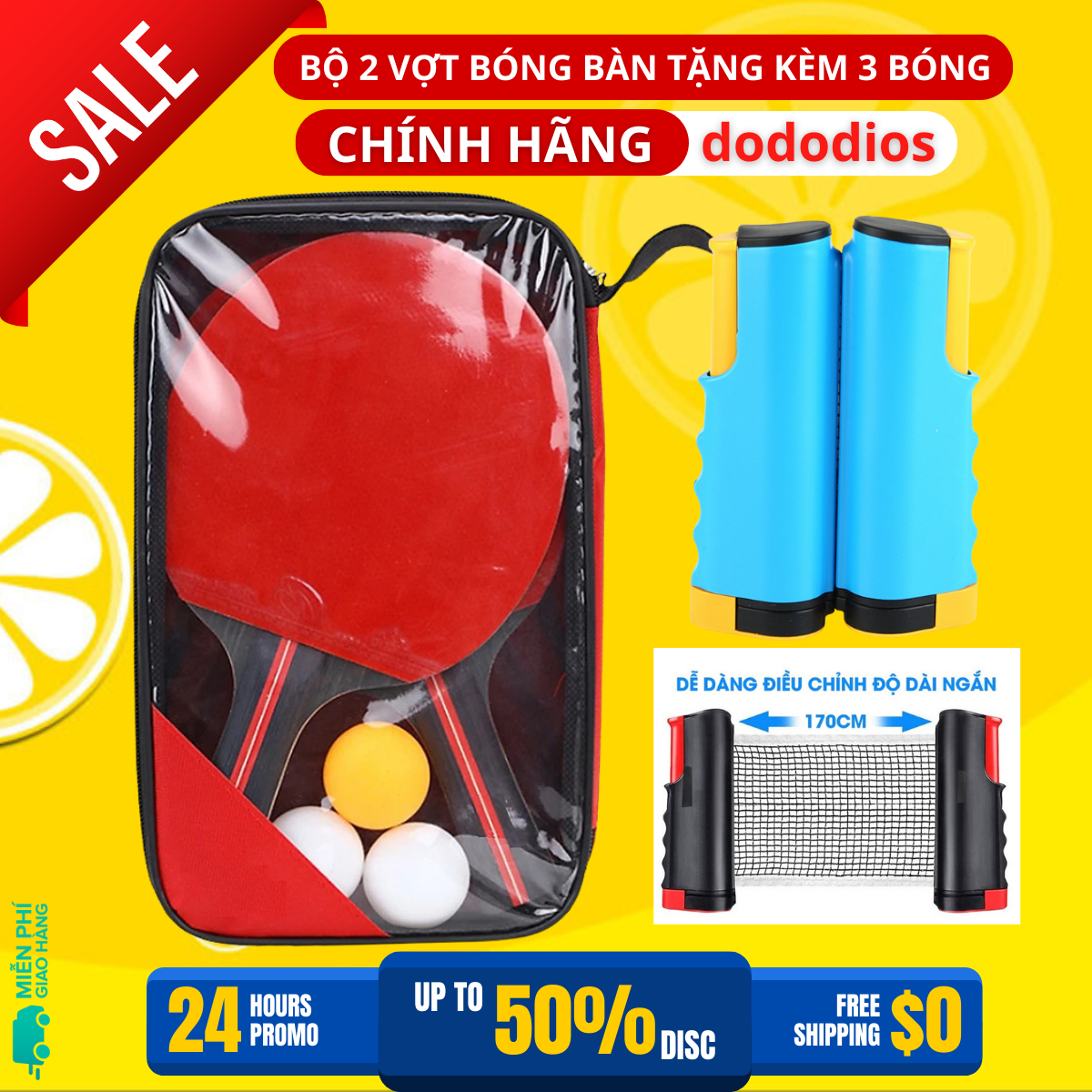 Bộ 2 vợt bóng bàn tặng kèm 3 bóng, cọc lưới rút chính hãng dododios GF005TS + Trụ Lưới Bóng Bàn Rút Gọn Chính Hãng dododios Chất Liệu ABS Cao Cấp Chiều Dài Điều Chỉnh Tới 1,7m Vừa Bàn Bóng Bàn