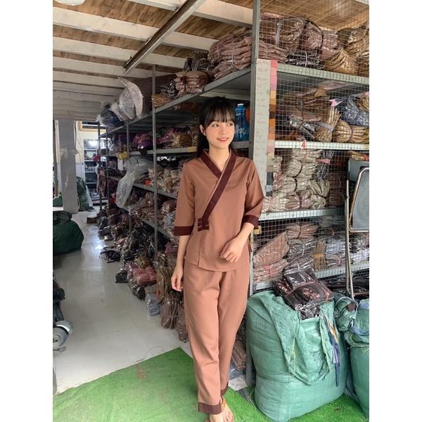 Thời trang nữ đi chùa, áo lam phật giáo, đồ bộ nữ, đồ lam nữ đính nút tixi cao cấp