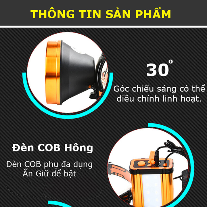 Đèn pin đội đầu siêu sáng chiếu xa 500m bình rời, pin trâu 10000mAh có cổng USB kiêm sạc dự phòng, đèn COB phụ đa năng DT-H28