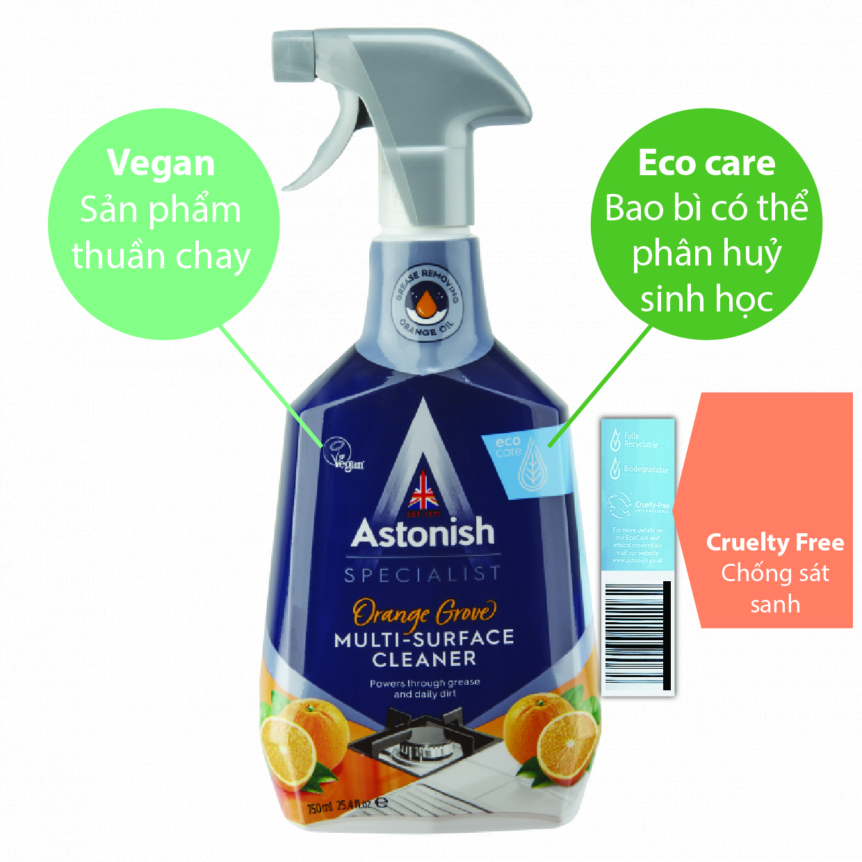 Bình xịt tẩy vệ sinh nhà bếp hương cam Astonish C6790 750ml chuyên tẩy mạnh mẽ các vết bẩn dầu mỡ và những vết thức ăn bị cháy khét bám trên bề mặt bếp, tẩy các bề mặt bếp gas từ hồng ngoại