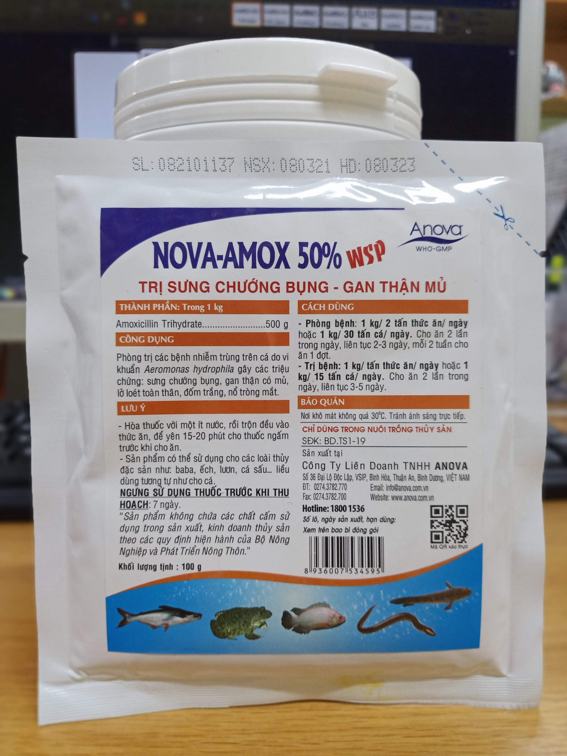 Nova Amox 50% WSP Sưng Chướng Bụng, Gan Thận Mủ, Đốm Trắng, Nổ Tròng Mắt Ở Cá, Ếch, Lươn