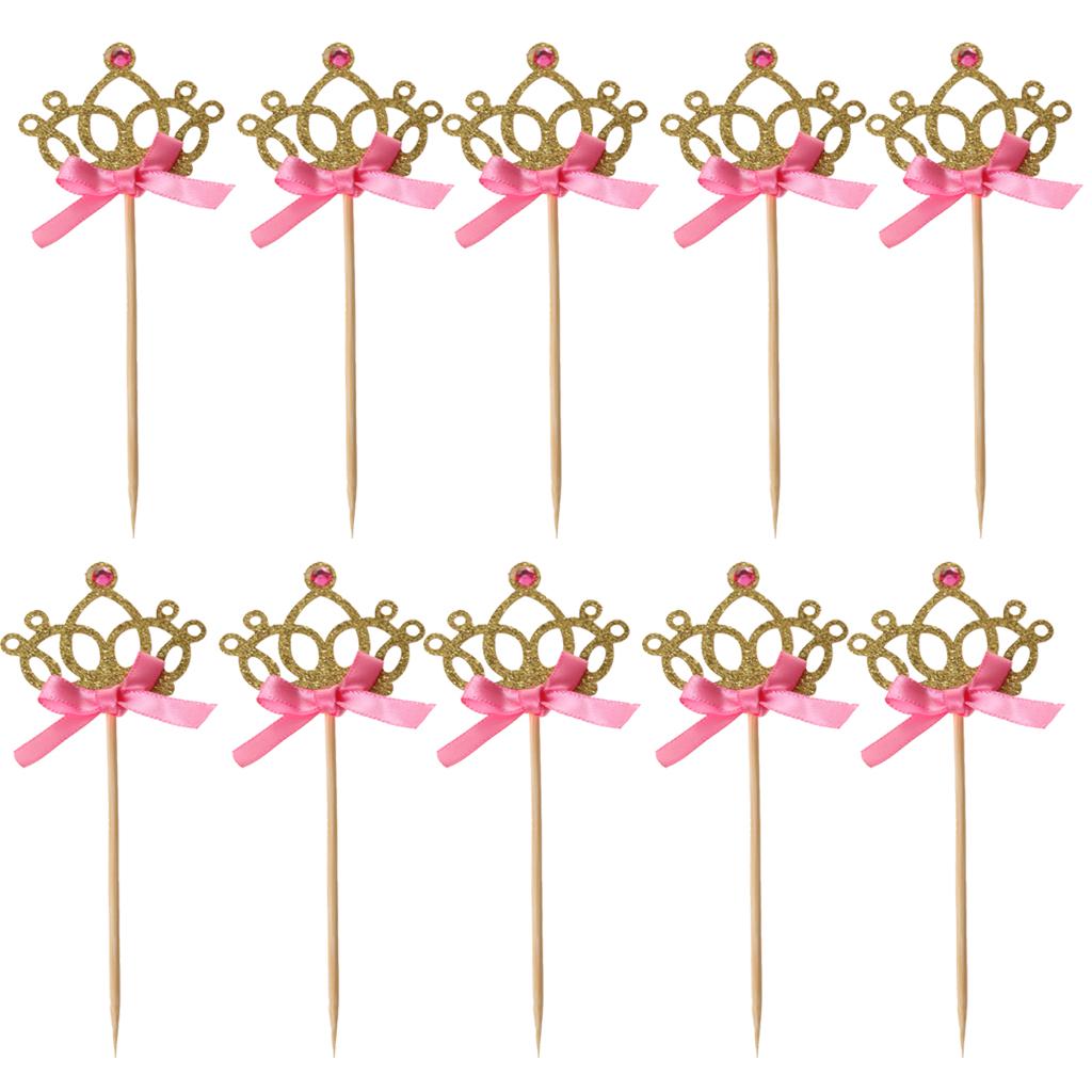10pcs/set Crown Cake Topper Cupcake Picks with Ribbon Pink and Gold