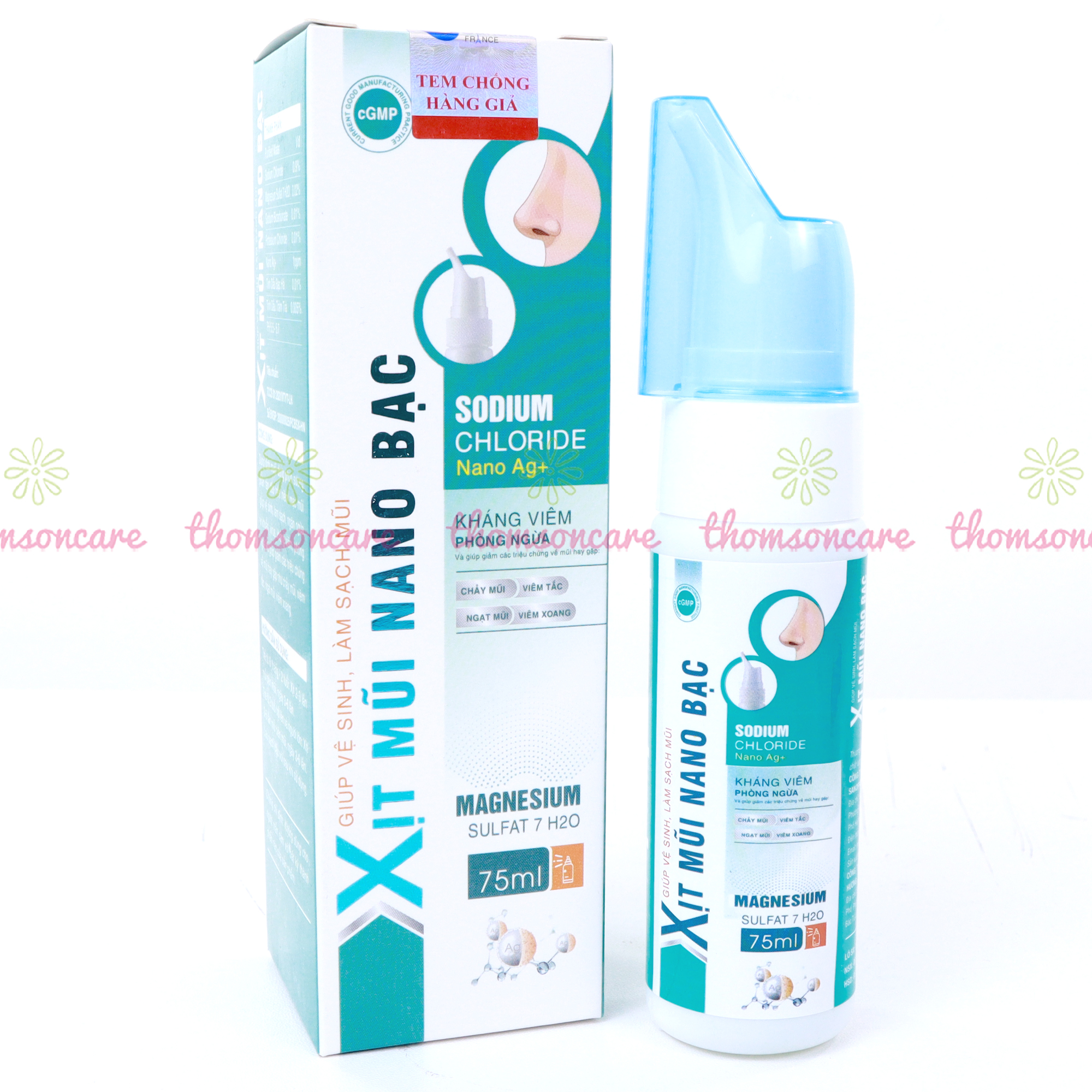 Xịt mũi Nano bạc - Giúp vệ sinh, làm sạch mũi, giảm ngạt mũi từ tinh dầu bạc hà thêm Nano Ag- Chai 75ml người lớn Thomsoncare