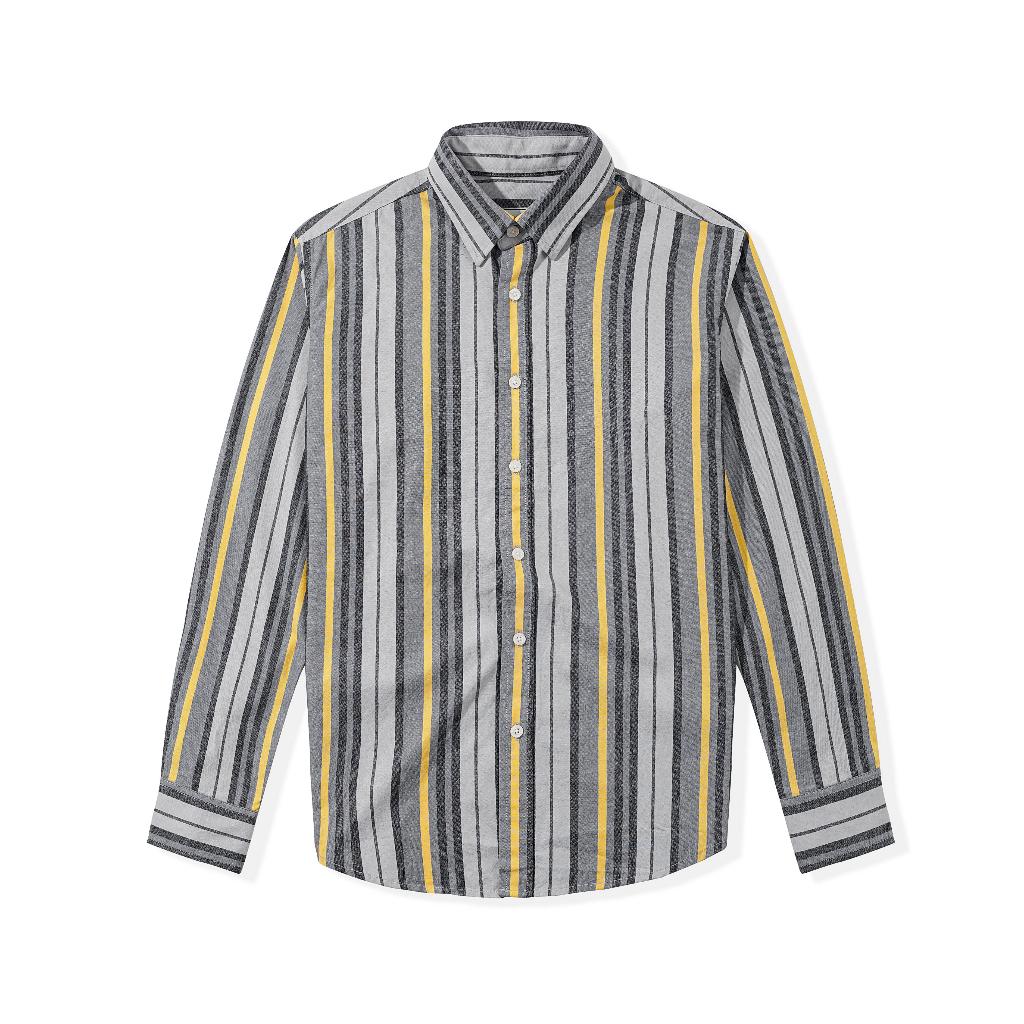 Áo Sơ Mi Nam Dài Tay Phối Sọc BY COTTON Dark Grey Yellow Stripes Shirt