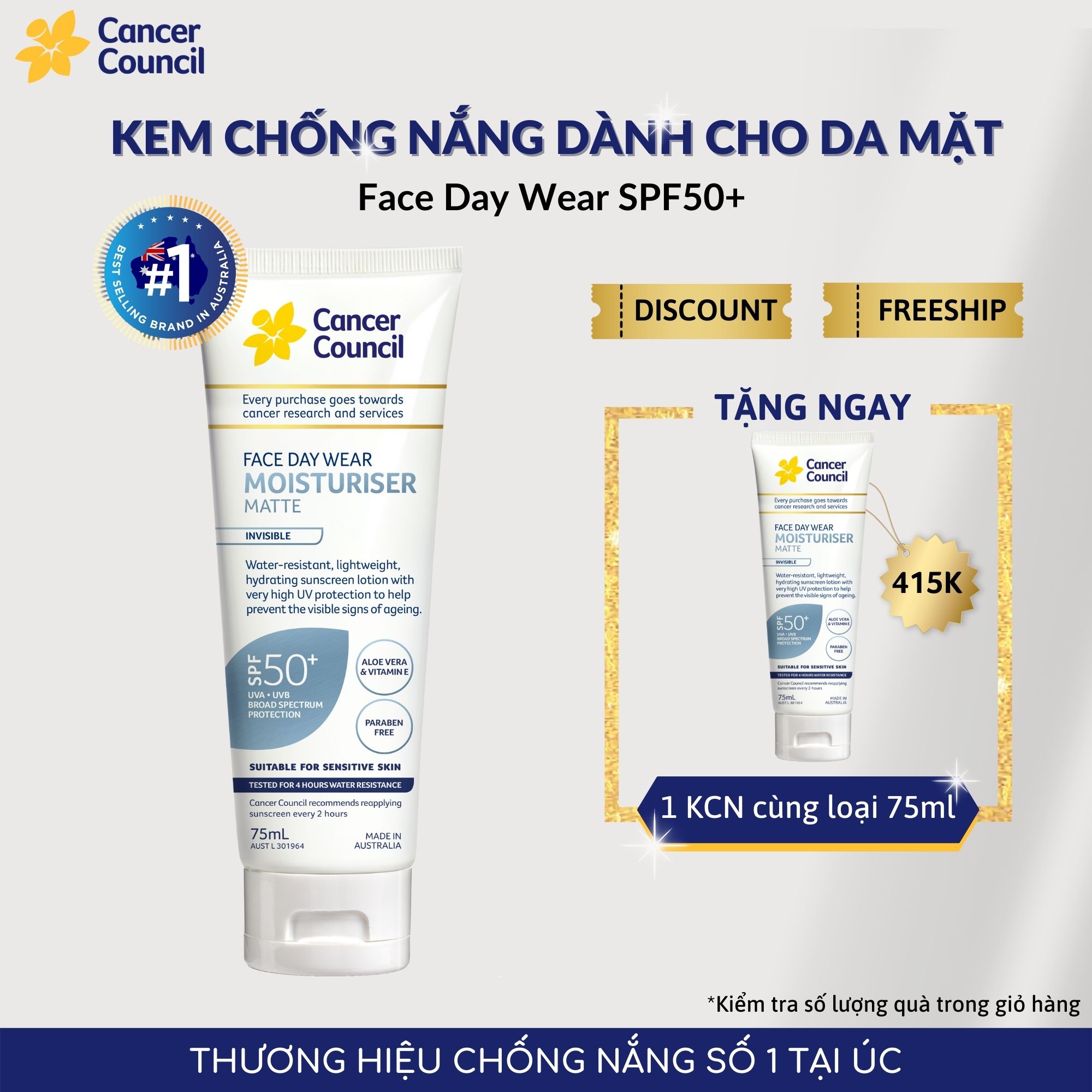 [Mua 1 Tặng 1] Kem chống nắng cho da mặt chống nước Cancer Council Face Day Wear SPF50+/PA++++ 75ml