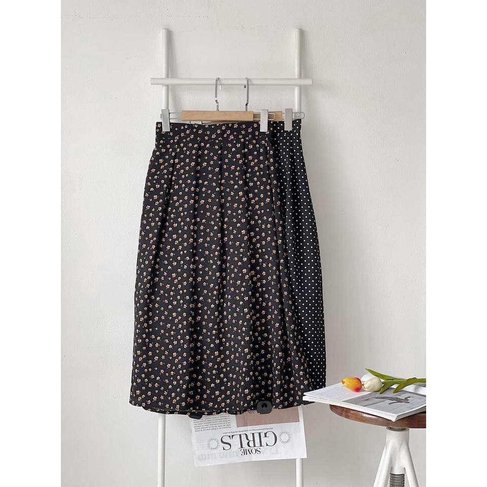 Surichau - Đầm maxi chấm bi xếp ly vải mềm mại freesize hoạ tiết hoa nhí