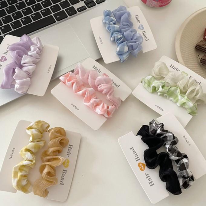 (Bộ 2 Cái) Scrunchies Cột Tóc Buộc Tóc Vải Bản Nhỏ Caro Phong Cách Hàn Quốc