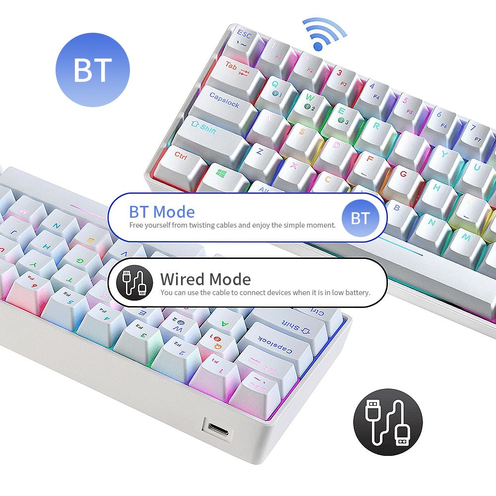 Bàn phím RGB N-key Rollover đa thiết bị cơ học nhỏ gọn với 64 phím BT & Chế độ có dây 18 Hiệu ứng, đèn nền