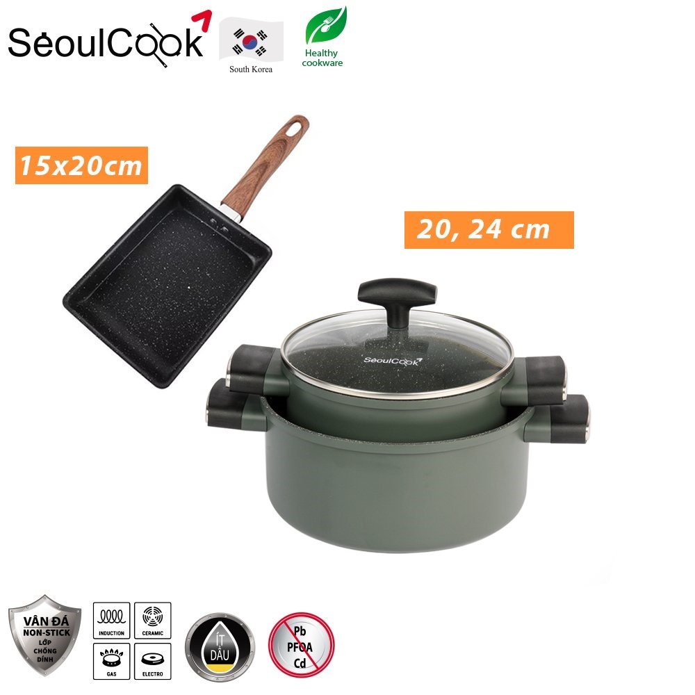 Bộ nồi chảo 3 món đáy từ H2, nồi 20cm + nồi 24cm + chảo vuông 15x20cm Seoulcook Hàn Quốc, dùng được tất cả các loại bếp / Induction