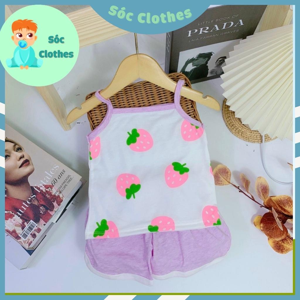 Bộ Thun Cotton Hai Dây Hoạ Tiết Dâu Tây Cho Bé Gái Size Nhí 8-18kg