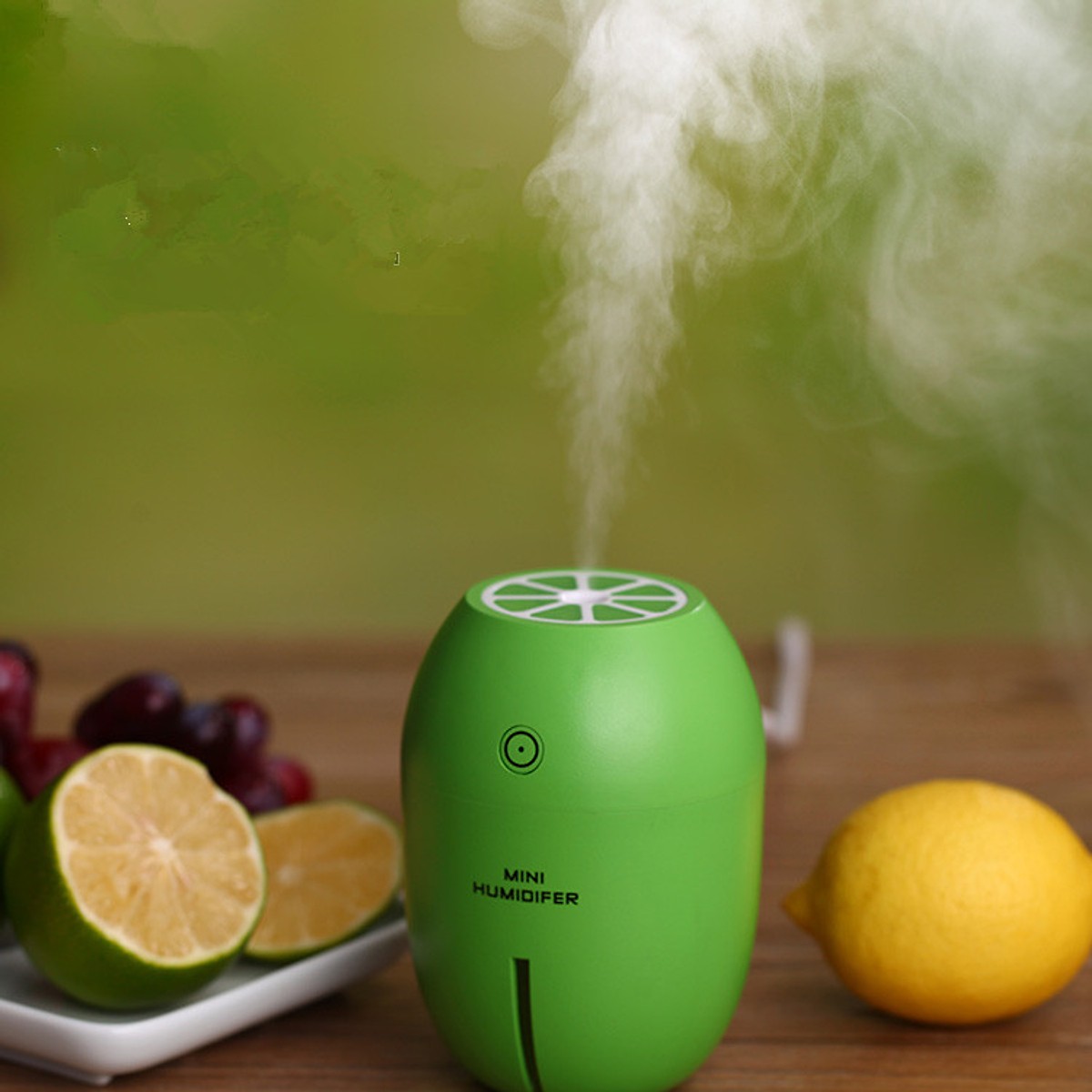 Máy phun sương tạo ẩm mini Humidifier hình trái chanh kiêm đèn ngủ - Màu xanh lá đậm