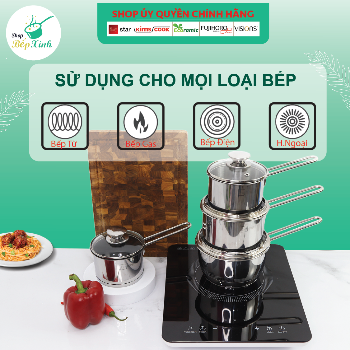 Quánh bột chống dính 3 đáy inox 430 Fivestar bếp từ nắp kính