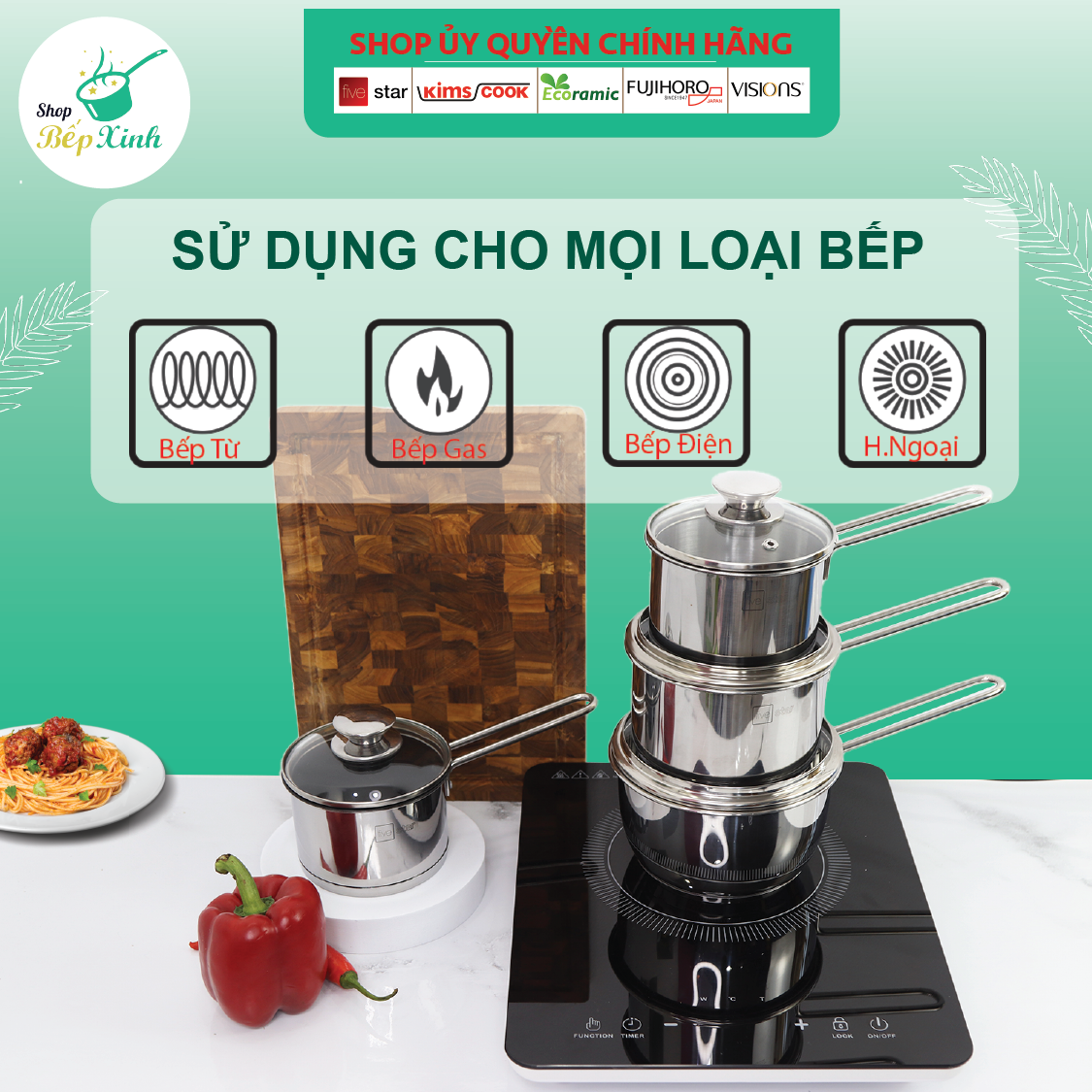 Quánh bột chống dính 3 đáy inox 430 Fivestar bếp từ nắp kính ( 14cm )