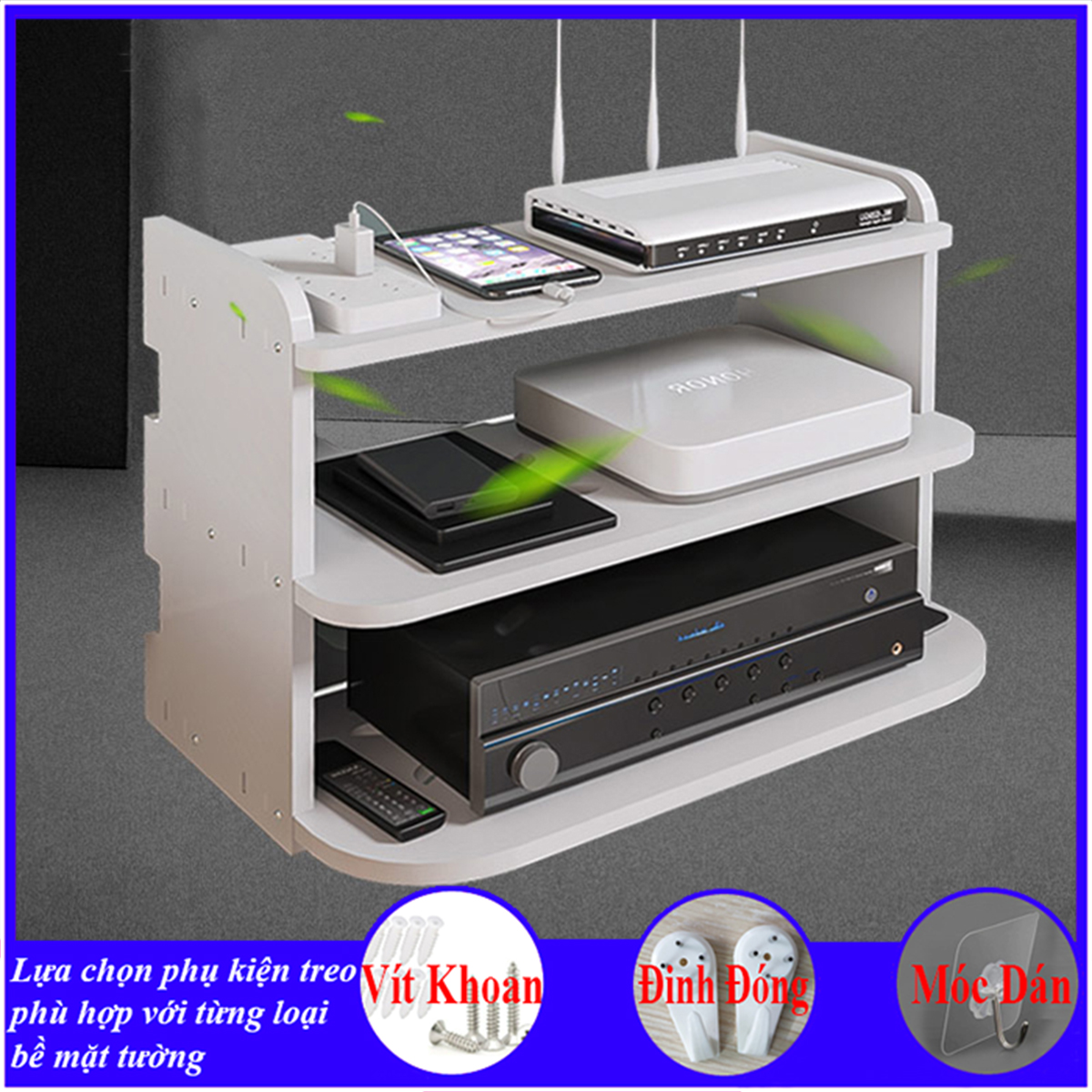 Kệ wifi treo tường 3 tầng, Giá đỡ wifi, đầu kỹ thuật số, modem, máy chiếu, chất liệu gỗ cao cấp màu trắng - B031