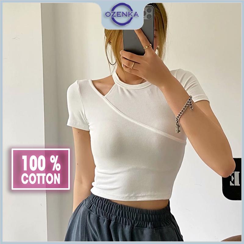 Áo croptop tay ngắn ôm hở vai cổ tròn, áo thun crt roptop kiểu hàn quốc mẫu mới 2022 100% cotton đen trắng