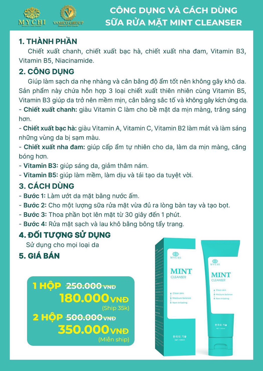 Sữa rửa mặt Mychi mint Cleanser Chính hãng