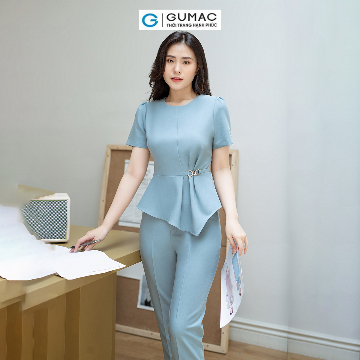 Áo kiểu dáng Peplum phối phụ kiện vải cotton lạnh GUMAC AD08036