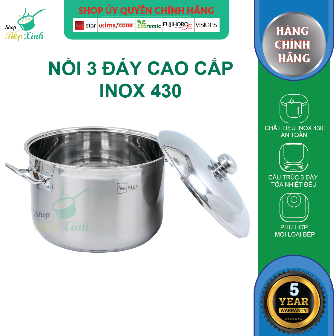 Nồi Inox 430 Bếp Từ 3 Đáy 36 cm Nắp Inox Fivestar -Tặng 5 Muỗng Ăn Inox Cao Cấp