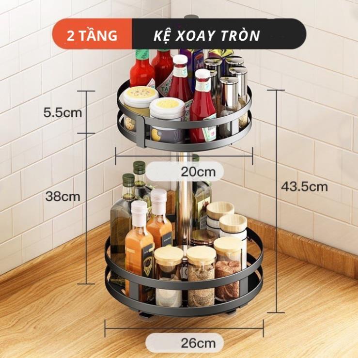 Kệ gia vị đa năng INOX phủ sơn tĩnh điện Đen, kệ xoay vuông tròn 360 độ, Loại Dày Tiết Kiệm Không Gian