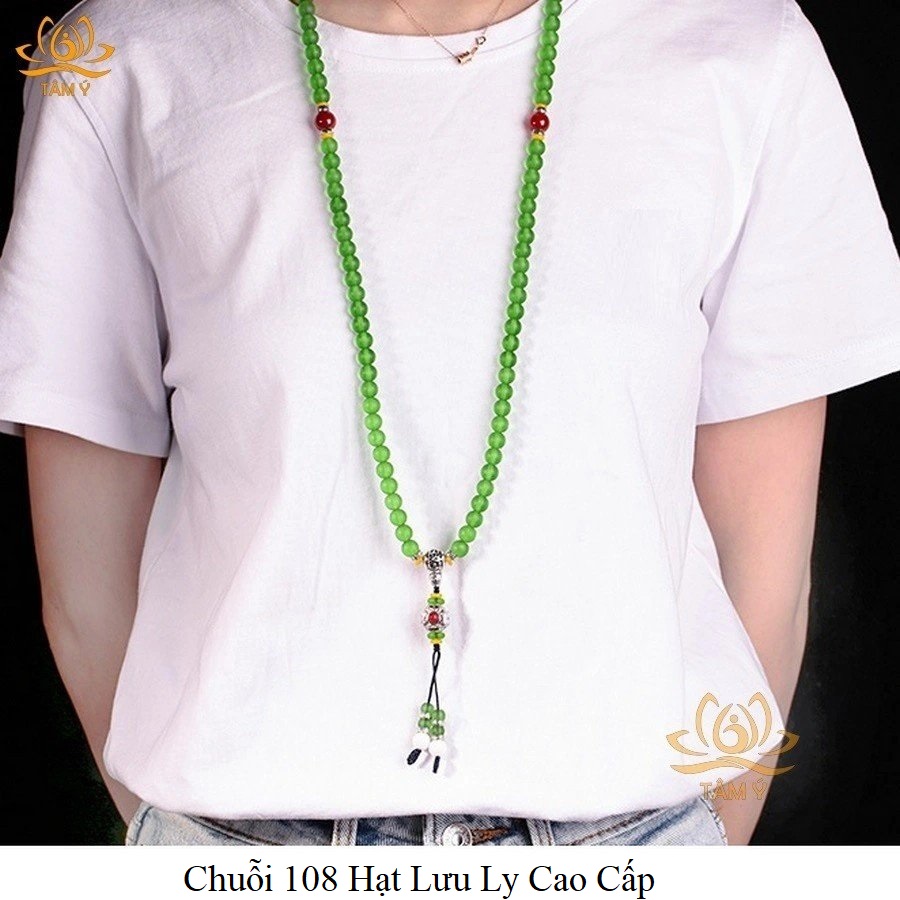 Chuỗi 108 Hạt Lưu Ly Cao Cấp Đặc Biệt Màu Xanh Lục , Xanh Tara Lục Độ Mẫu Pháp Bảo Kim Cang Thừa Mật Tông Tâm Ý