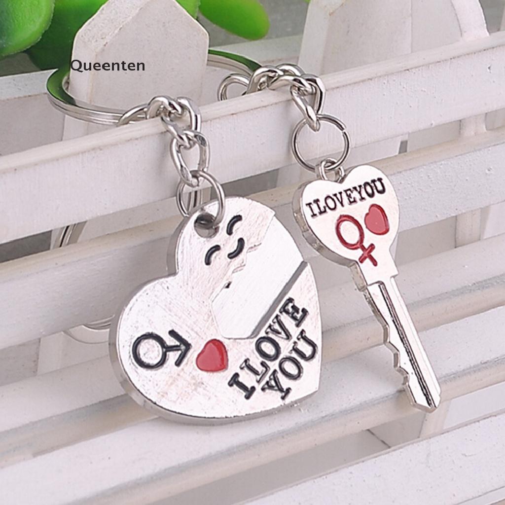 Queenten 2pcs Fashion Love Heart Key Ring Keyfob Couples Romantic Keychain Lover Gift  QT