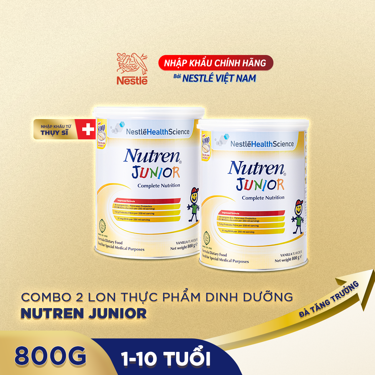 Combo 2 lon thực phẩm dinh dưỡng Nutren Junior Thụy Sĩ hỗ trợ tăng cân tiêu hóa tốt cho trẻ từ 1 đến 10 tuổi 800g/lon