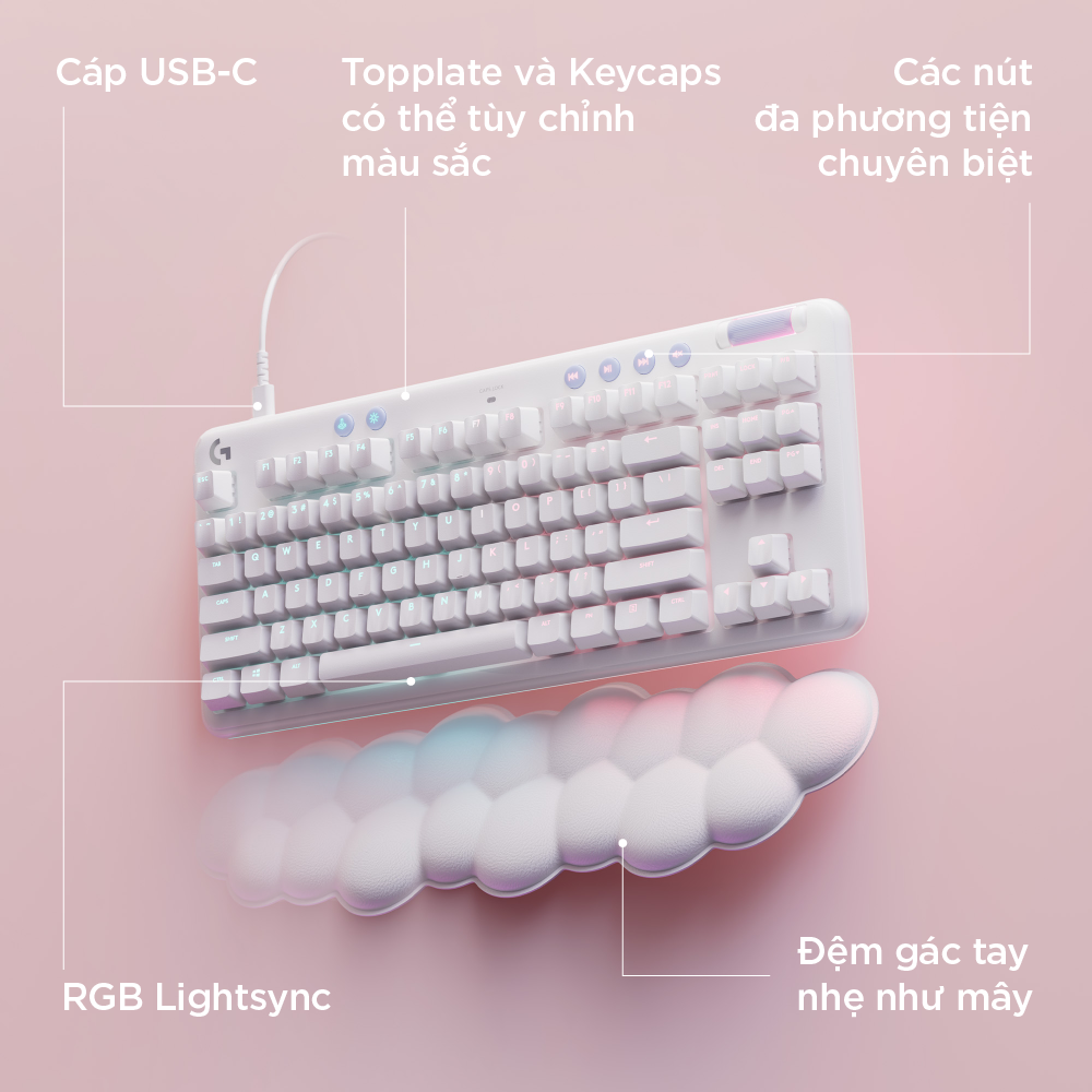 Bàn phím cơ gaming có dây Logitech G713 TKL - RGB, 2 loại GX Switch, kèm kê tay, cáp USB-C, tương thích PC, Mac - Hàng Chính Hãng