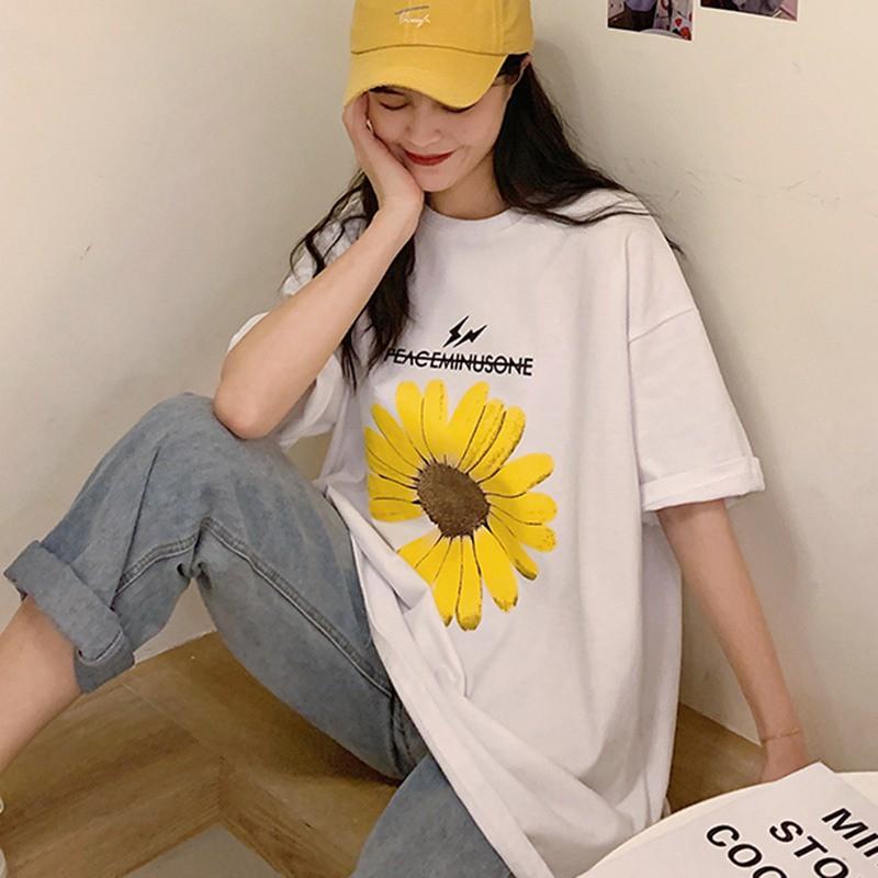 Áo Thun Tay Ngắn Cổ Tròn Hoạ Tiết Hoa Thiết Kế Dáng Rộng Thoải Mái