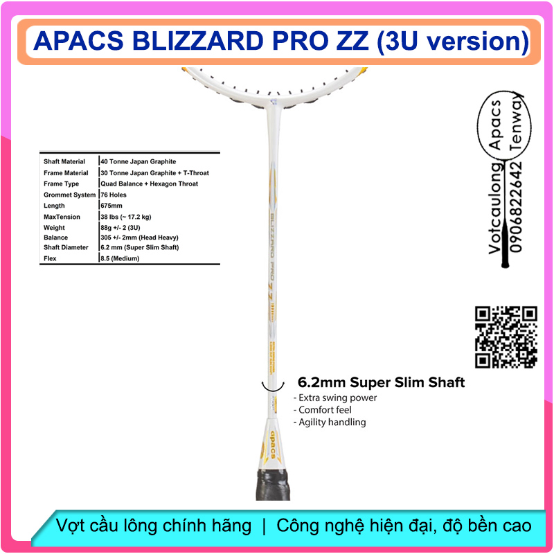 Vợt cầu lông Apacs Blizzard Pro ZZ - 3U | Vợt 3U thân đũa thế hệ mới, đũa chỉ 6.2mm, nặng đầu chuyên công, khung đan 17kg