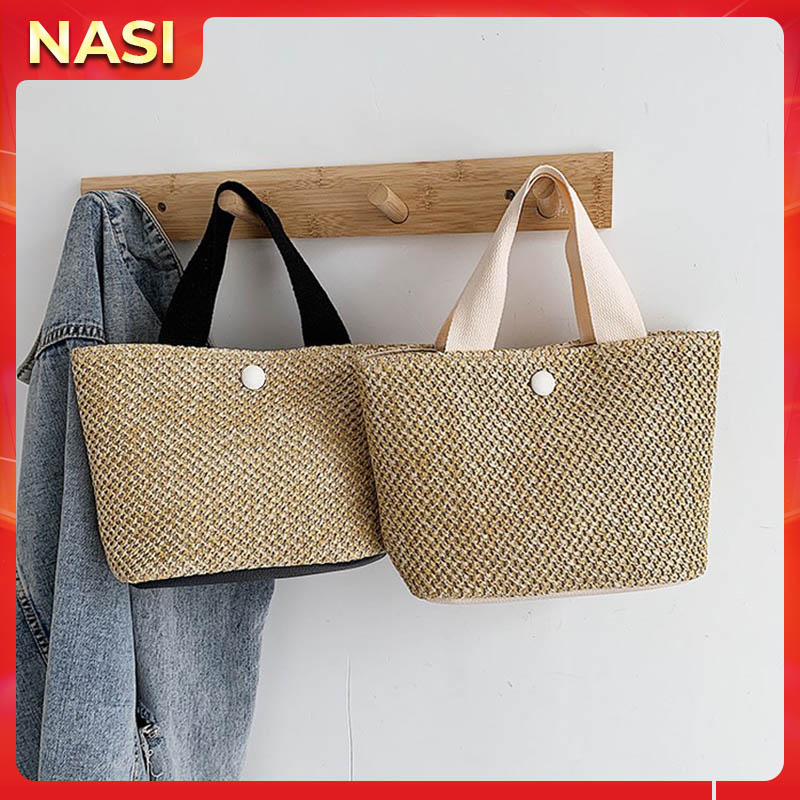 Túi xách nữ dễ thương NASI T1045 vải cói pu cầm tay đẹp túi tote đeo vai có nút bấm thời trang cho nữ công sở, học sinh