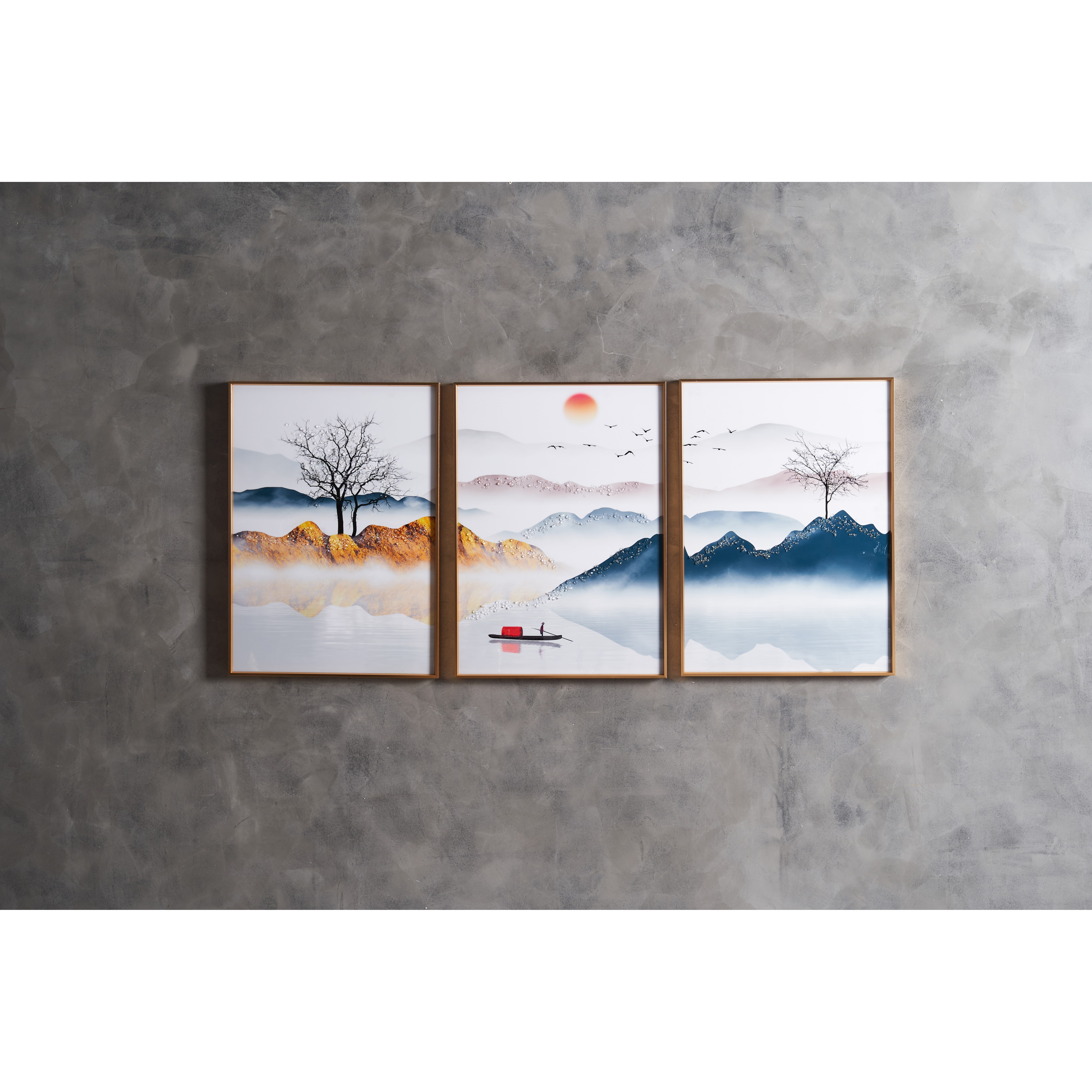 Bộ 3 tranh cây khô và mặt trời đỏ