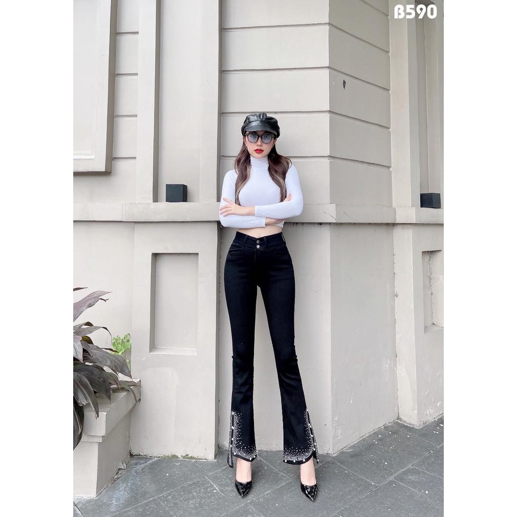 Quần Jeans Nữ Ống Loe Dài Xẻ Đính Đá Màu Đen Lưng Cao Co Giãn Đẹp Store 257