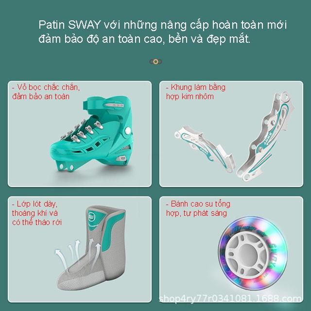 Giày patin cao cấp SWAY-hàng chính hãng, bánh cao su tự phát sáng, điều chỉnh kích thước, tặng kèm bộ bảo hộ 06 món