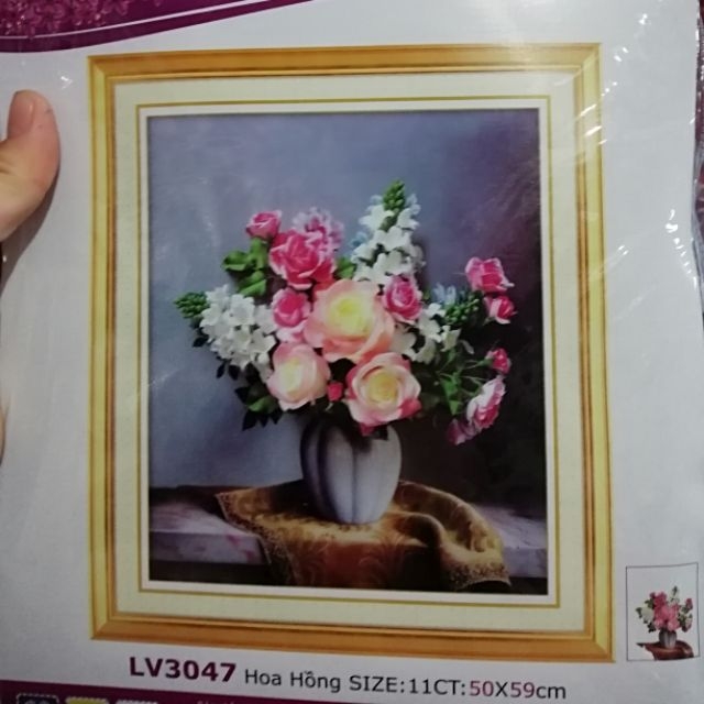 Tranh thêu chữ thập3D Bình Hoa (50x59cm) chưa thêu