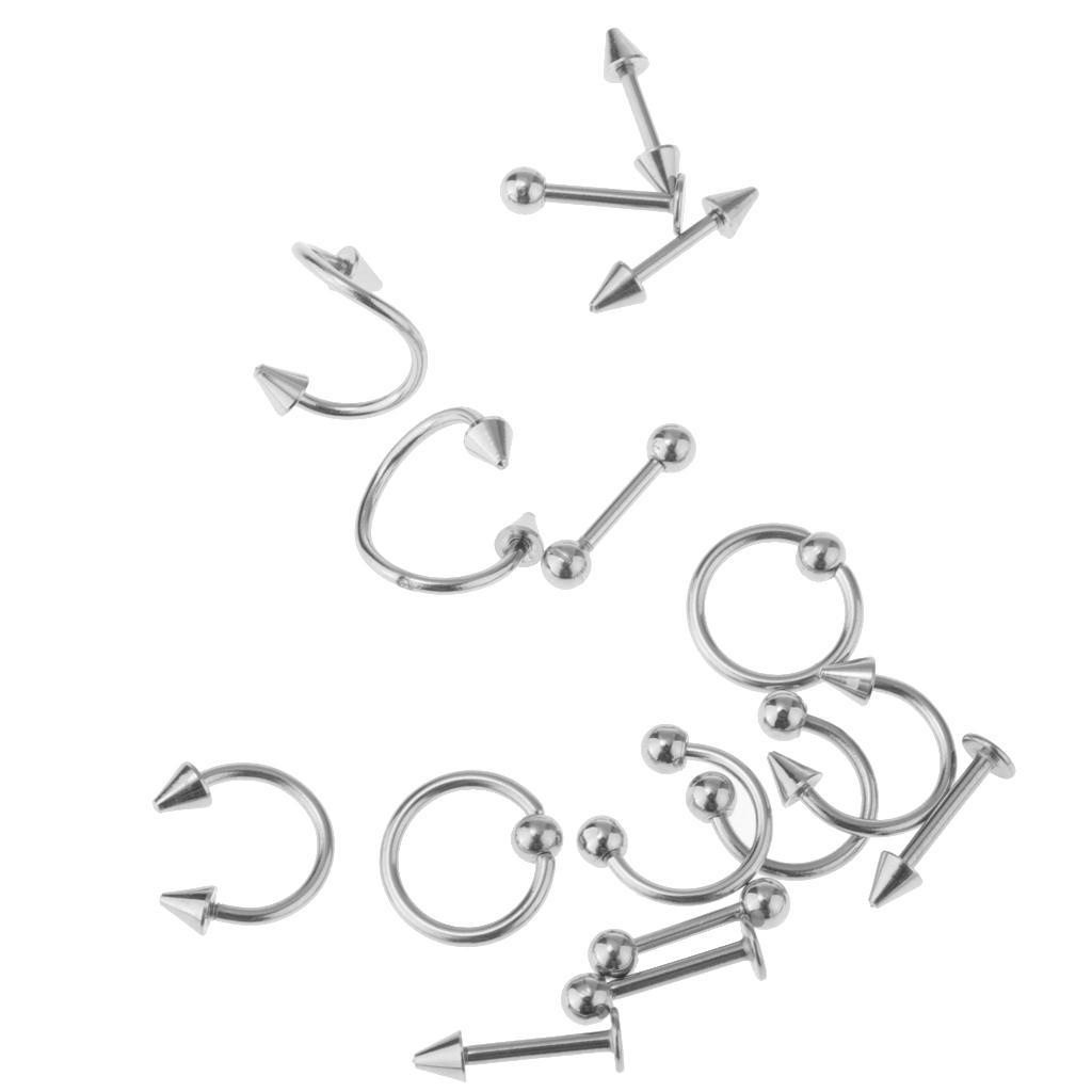 16 Pieces 16g Stainless Steel Assorted Eyebrow Ear Lip Navel