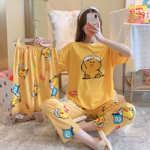 Bộ đồ bận nhà hoạt hình thun cotton mát siêu đáng yêu gồm 1 áo 1 quần ngắn 1 quần dài BK10