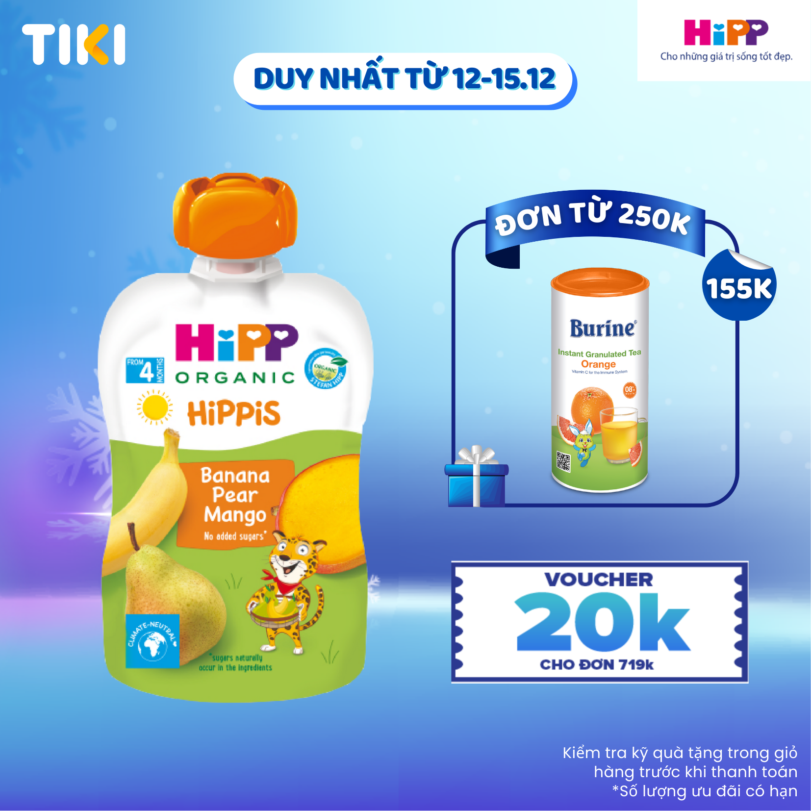 Dinh dưỡng 100% Trái cây nghiền Organic HiPPiS Chuối, Lê, Xoài