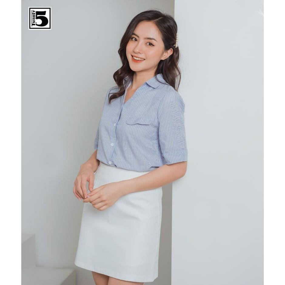 Áo sơ mi nữ cổ V đức kẻ sọc Twentyfive Sx200