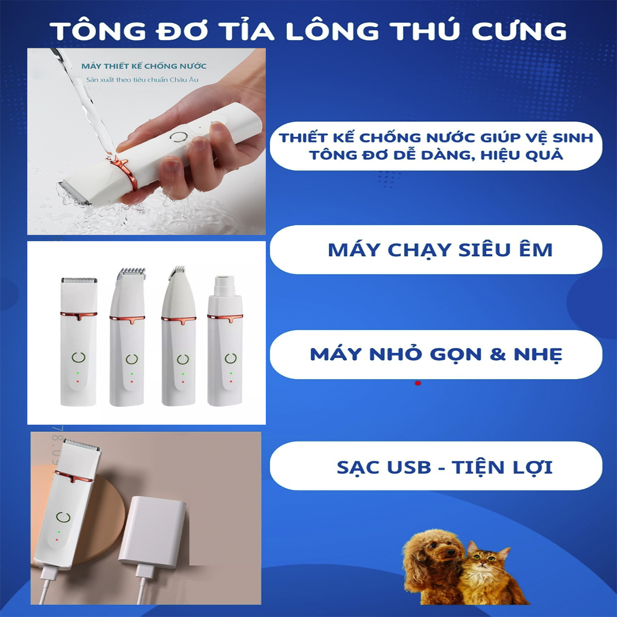 Tông Đơ Cắt Lông Chó Mèo 4 in1 Full Phụ Kiện, Bộ Tăng Đơ Cắt Tỉa Cạo Lông Chó Mèo 4 trong 1, Dễ Vệ Sinh, Tiếng Ồn Nhỏ