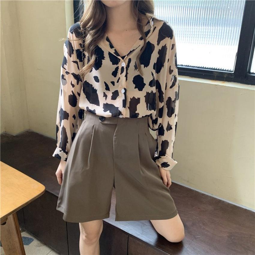 Áo sơ mi nữ dài tay dáng rộng họa tiết đốm da báo cá tính, thời trang mùa hè - Kemi