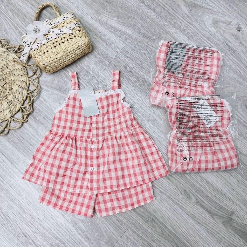 BỘ ĐỒ BÉ GÁI 2 DÂY KẺ CARO HỒNG