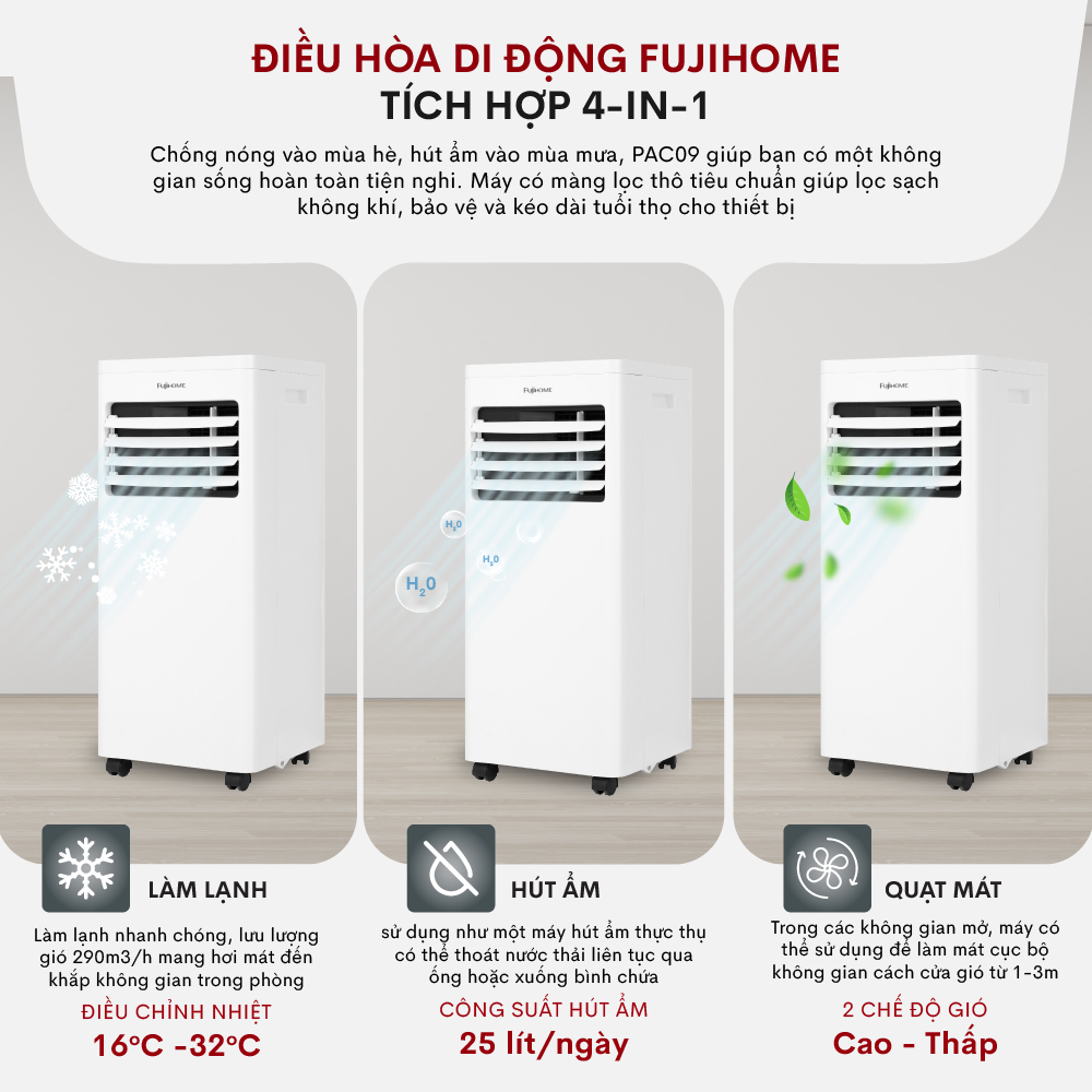 Điều hoà di động 7000 - 9000BTU FUJIHOME, máy lạnh đứng di động mini có điều khiển từ xa không cần lắp đặt sử dụng app hút ẩm - Hàng Nhập Khẩu