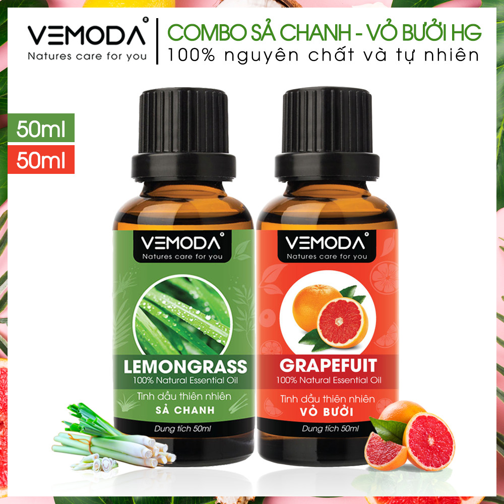 Tinh dầu xông phòng cao cấp gồm 2 chai tinh dầu nguyên chất: tinh dầu Vỏ bưởi HG + tinh dầu Sả chanh Vemoda