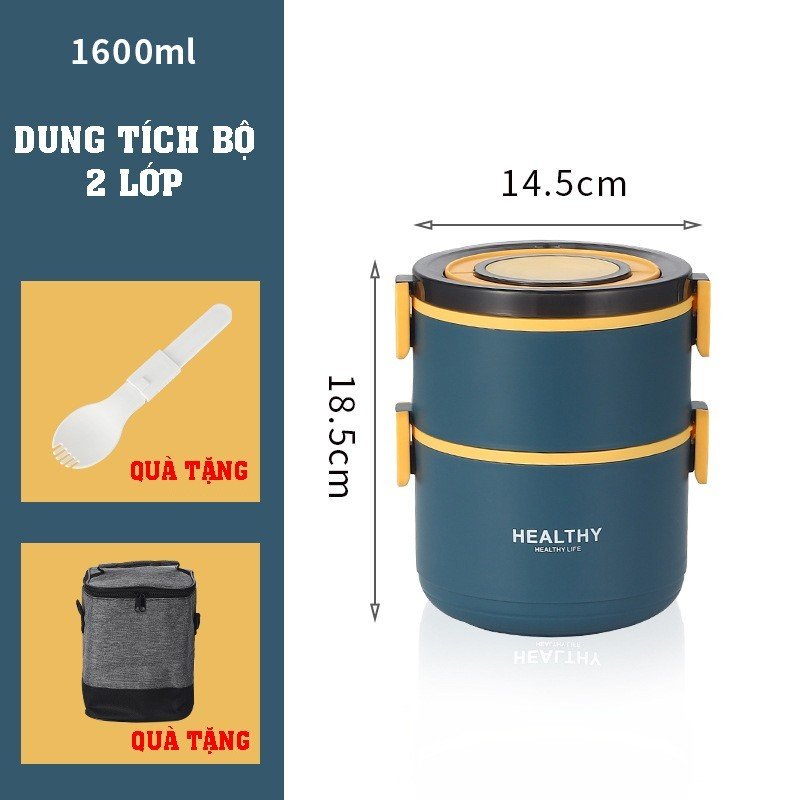 Hộp Đựng Cơm Giữ Nhiệt Healthy INOX 304 - Dung tích 1.6 - 2.2L Tặng kèm Muỗng + Túi giữ nhiệt