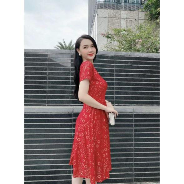 ĐẦM XÒE REN THUN CỔ V NGỰC NHÚN LY ĐÍNH HẠT