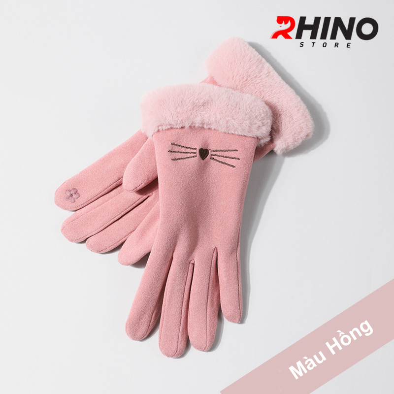 Găng tay nữ da lộn lót lông giữ ấm, chống gió Rhino G902 cảm ứng điện thoại, đi xe máy freesize
