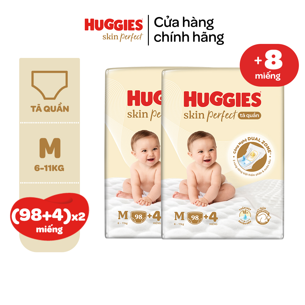 Combo 2 gói Tã quần Huggies Skin Perfect Mega Jumbo M98+4/L88+4/XL72+4/XXL64+4 miếng với 2 vùng thấm giảm kích ứng da