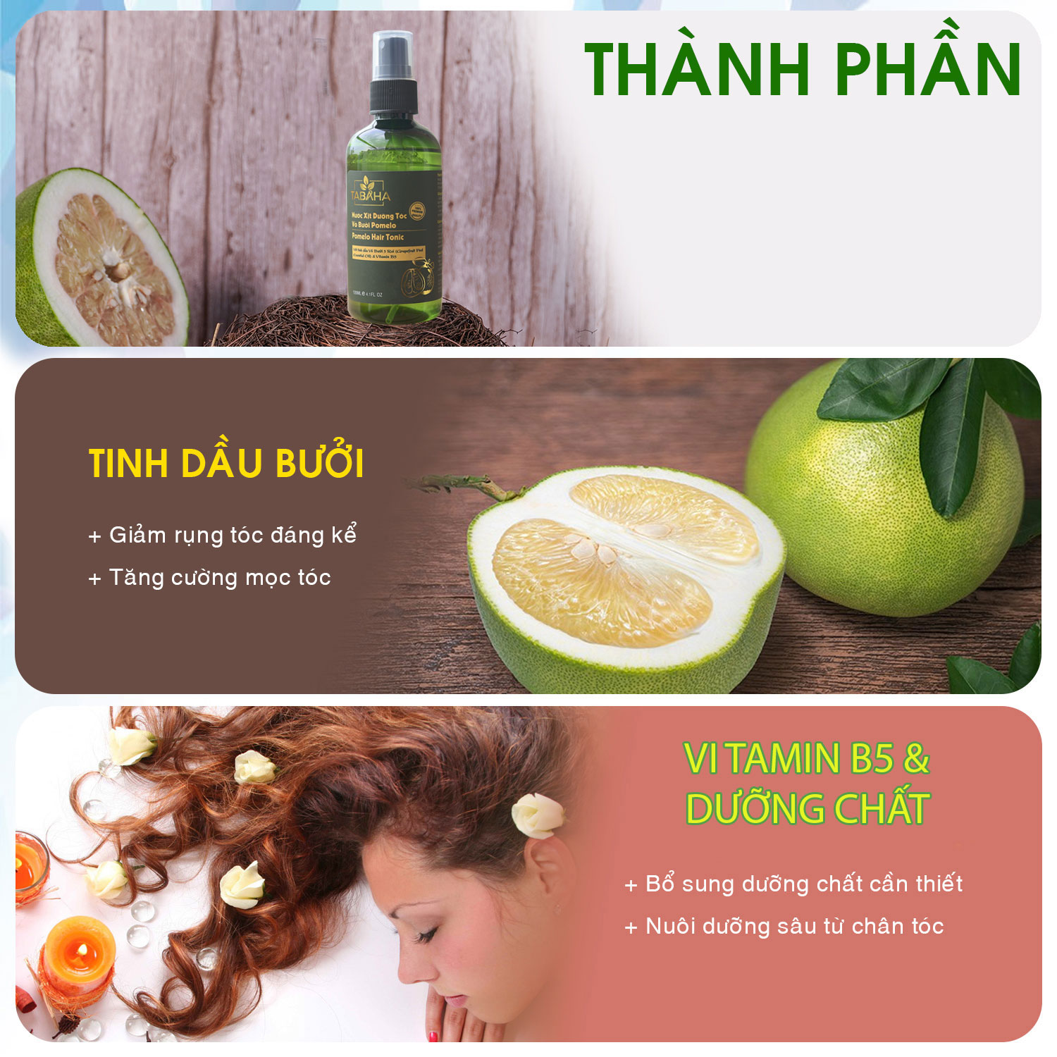 Xịt mọc tóc nhanh tinh dầu vỏ bưởi Tabaha 120ml dành cho Nam giới bị rụng tóc, tóc thưa